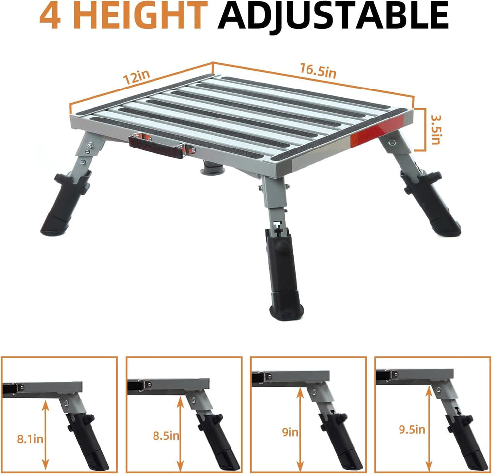 Adjustable RV Step Stool, Folding Aluminum, Gray