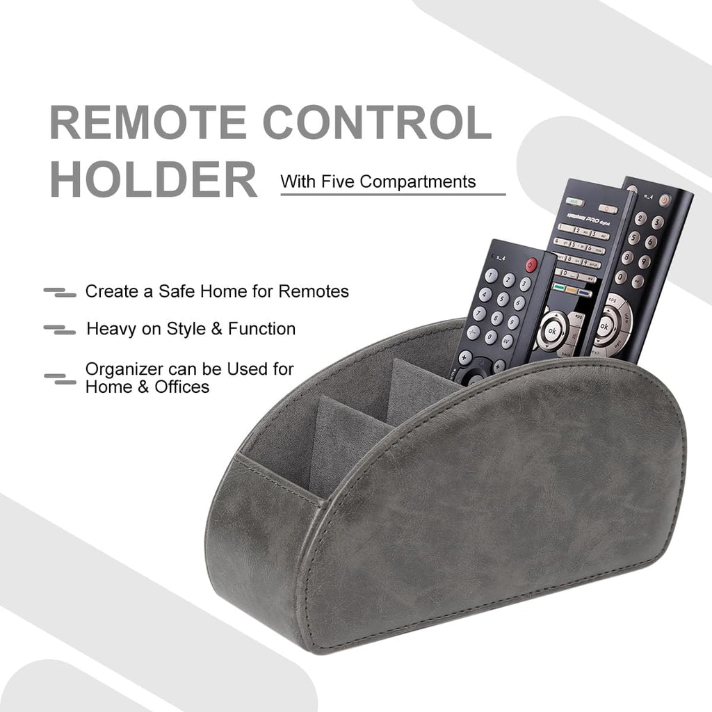 TV Remote Control Holder with 5 Compartments,Pu Leather Remote Caddy/Tray Bedside Table Desk Storage Organizer for DVD, Blu-Ray, Media Player, Heater Controllers andMakeup storage box (Grey)