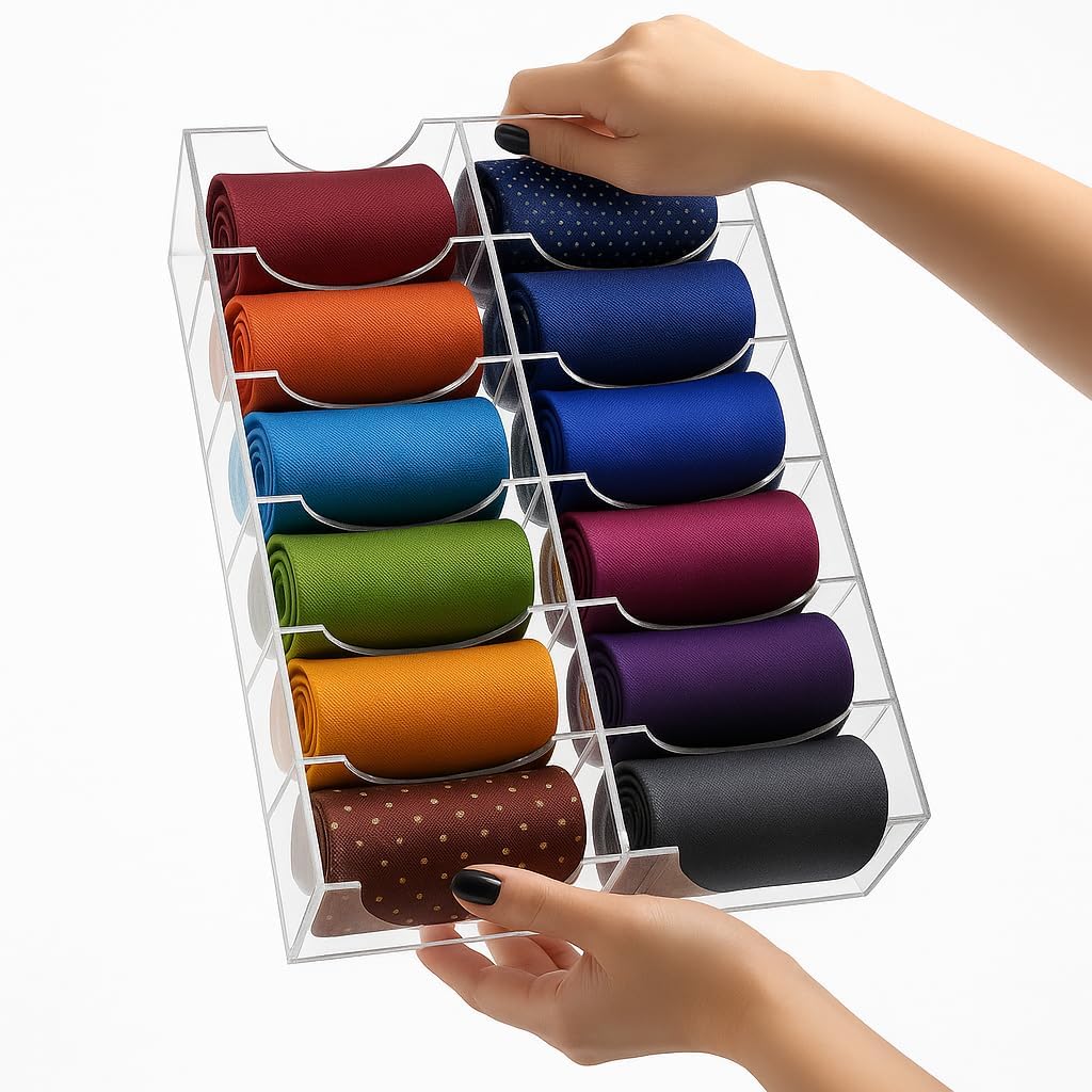 ZENFUN 12 Compartments Belts Storage Box, Acrylic Belt Organizer, Belt Container Storage Holder Clear Belts Display Case for Watch, Hair Accessories, Jewelry, Closet and Drawer