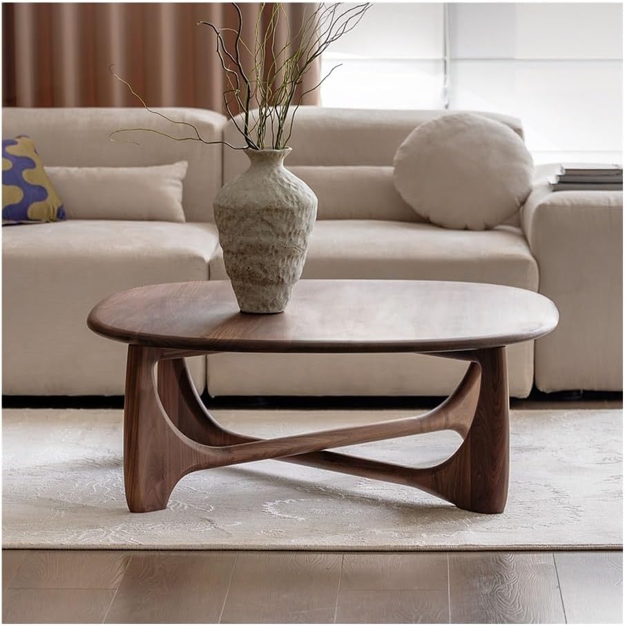 Wood Coffee Table Mid-Century Organic Curve Design Living Room Center Small S...