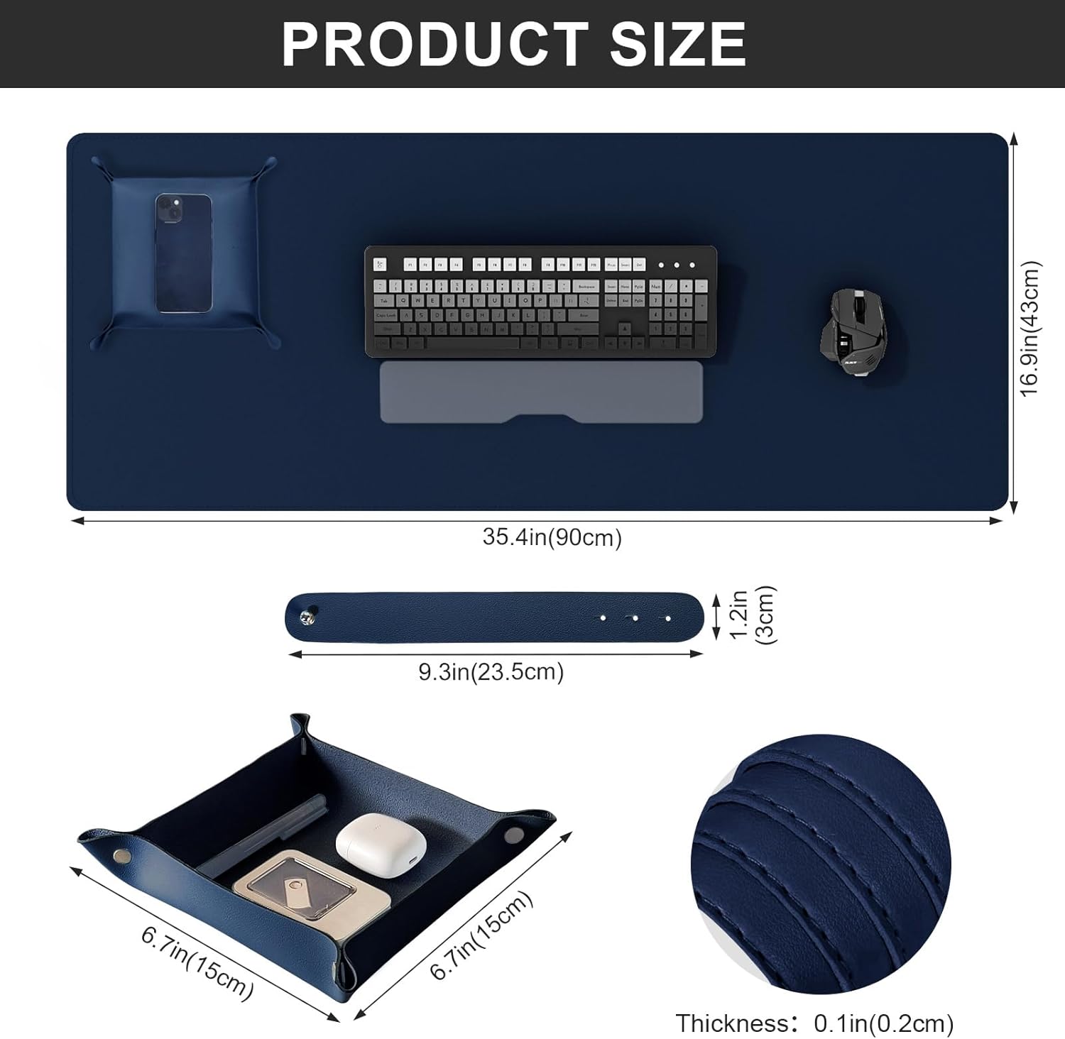 DAWNTREES Dual Sided Desk Mat,Leather Desk Pad,35.5"x17",Cork Desk Mat Protector,with PU Leather Valet Tray Organizer,Large Mouse Pad,Desk Writing Pad for Office and Home(Dark Blue)