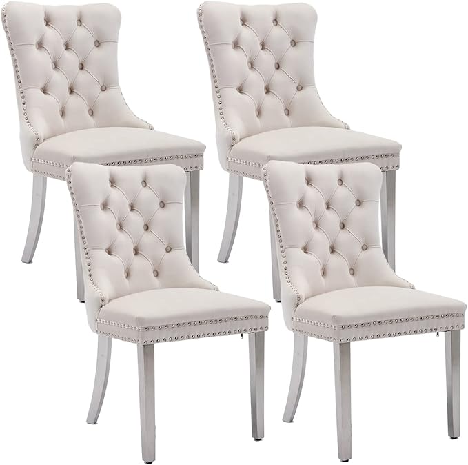 Dining Room Chairs Set of 4, Velvet Upholstered Dining Chairs with Back Ring Pull Trim and Sliver Stainless Steel Legs,Modern Dining Chair Perfect for Dining Room,Living Room,Kitchen(Beige)