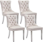 Dining Room Chairs Set of 4, Velvet Upholstered Dining Chairs with Back Ring Pull Trim and Sliver Stainless Steel Legs,Modern Dining Chair Perfect for Dining Room,Living Room,Kitchen(Beige)