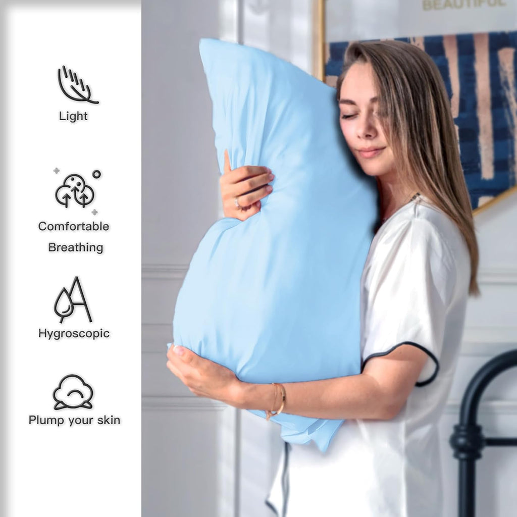 Silk Pillow Cases 2 Pack Soft Breathable and Sliky Standard Size Pillow Cases Set of 2,Natural Mulberry Satin Silk Pillowcase with Hidden Zipper for Hair and Skin (Sky Blue,20"X 26",2pcs)
