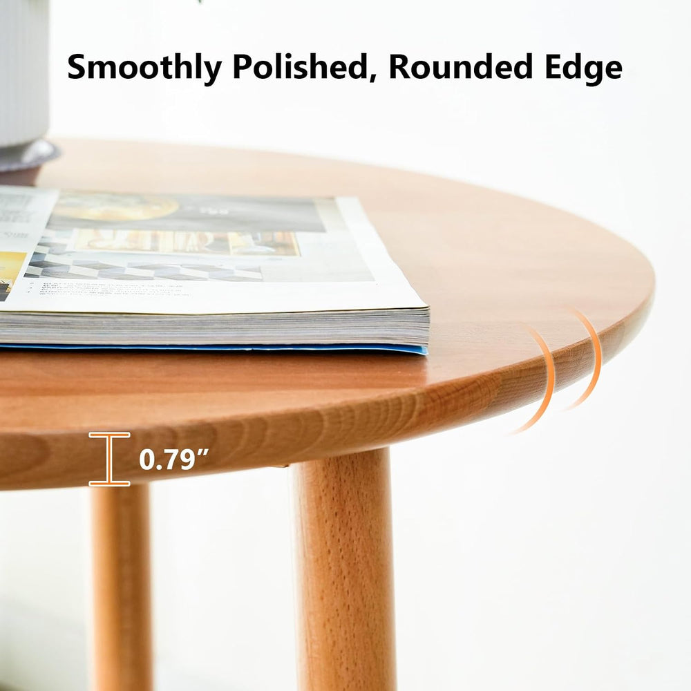 Side Table, Small Round End Table with 2-Tier Shelf, Solid Wood Nightstand fo...