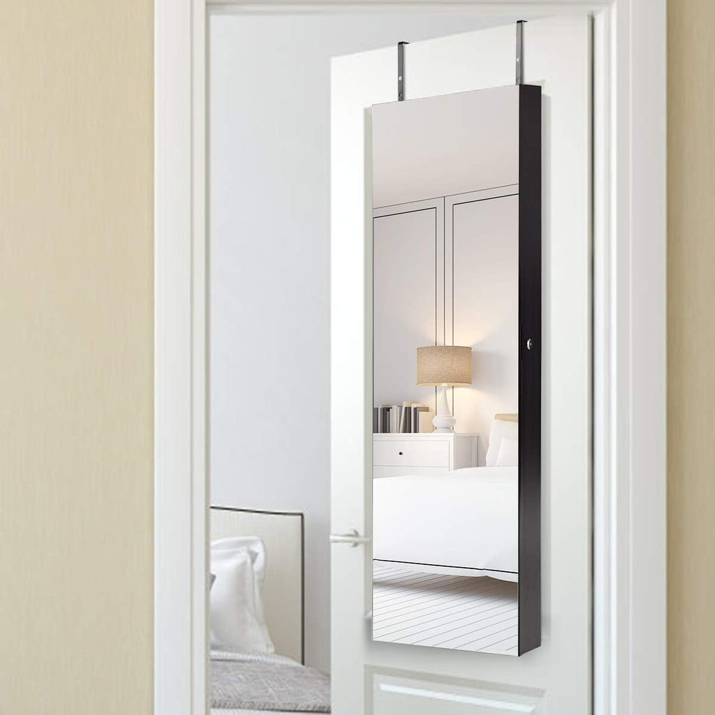 Giantex Wall Door Mounted Jewelry Armoire Cabinet with 47.5" H Full Length Mirror, 2 LEDs Lockable Jewelry Organizer Box with Bracelet Rod, 2 Drawers, Large Storage Capacity (Espresso)