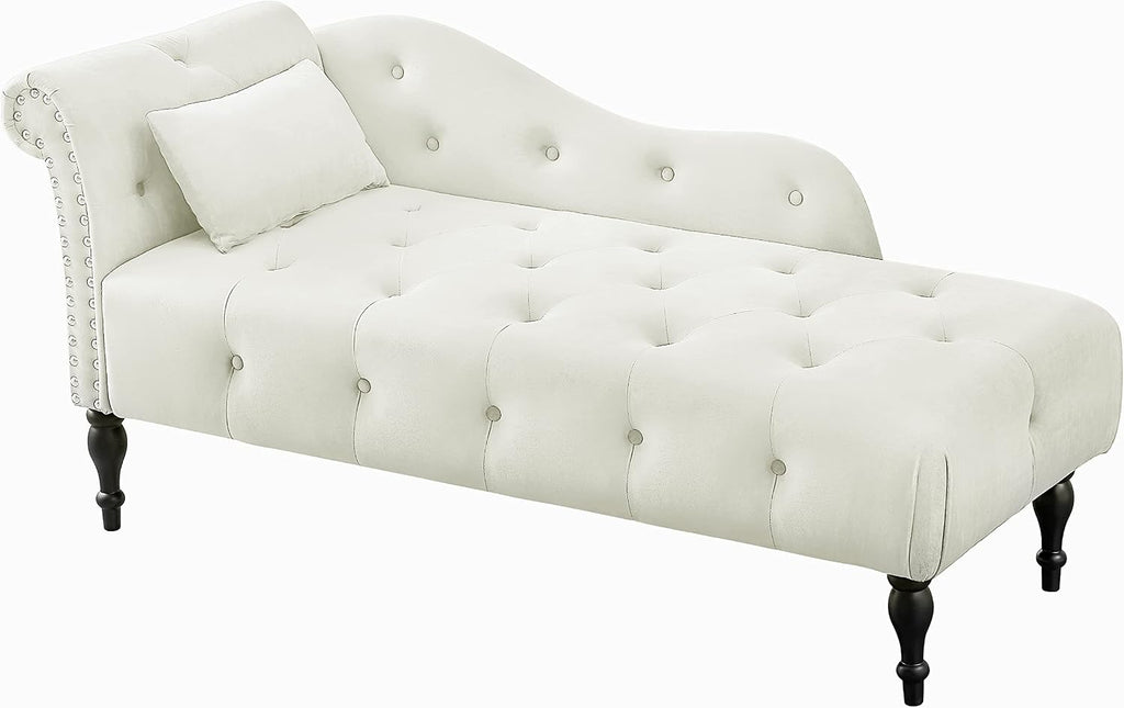 60" Chaise Lounge Indoor Velvet Button Tufted with Pillow, Nailhead Decorate Rolled Arm Chaise Lounge for Bedroom Living Room (White)