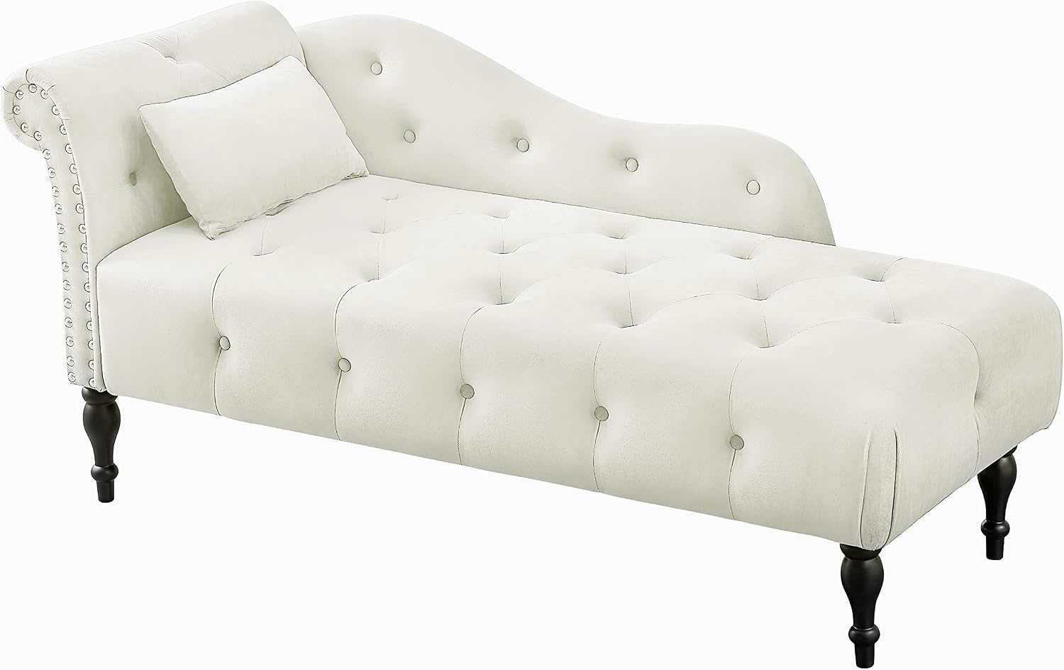 60" Chaise Lounge Indoor Velvet Button Tufted with Pillow, Nailhead Decorate Rolled Arm Chaise Lounge for Bedroom Living Room (White)