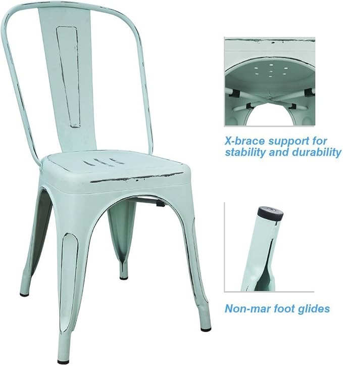 Devoko Metal Indoor-Outdoor Chairs Distressed Style Kitchen Dining Chairs Stackable Side Chair with Back Set of 4 (Blue)