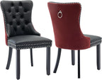 Modern Dining Chairs Set of 2, Tufted Upholstered Dining Chair with Solid Wood Legs, Velvet and Leather Dining Chairs, Sillas de Comedor, Comfy Kitchen Chair (Black+Burgundy, 2Pcs)