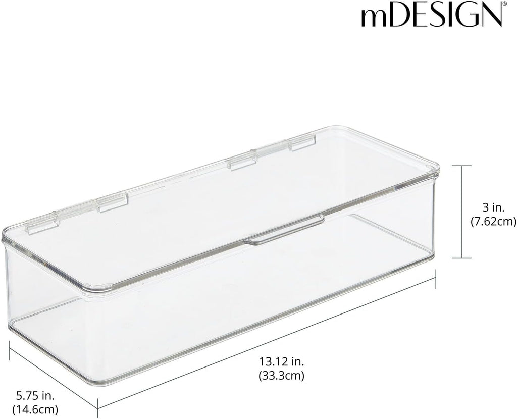 mDesign Long Plastic Playroom/Gaming Storage Organizer Box Containers with Hinged Lid for Shelves or Cubbies, Holds Small Toys, Building Blocks, Puzzles, Markers, Controllers, Crayons, 2 Pack, Clear