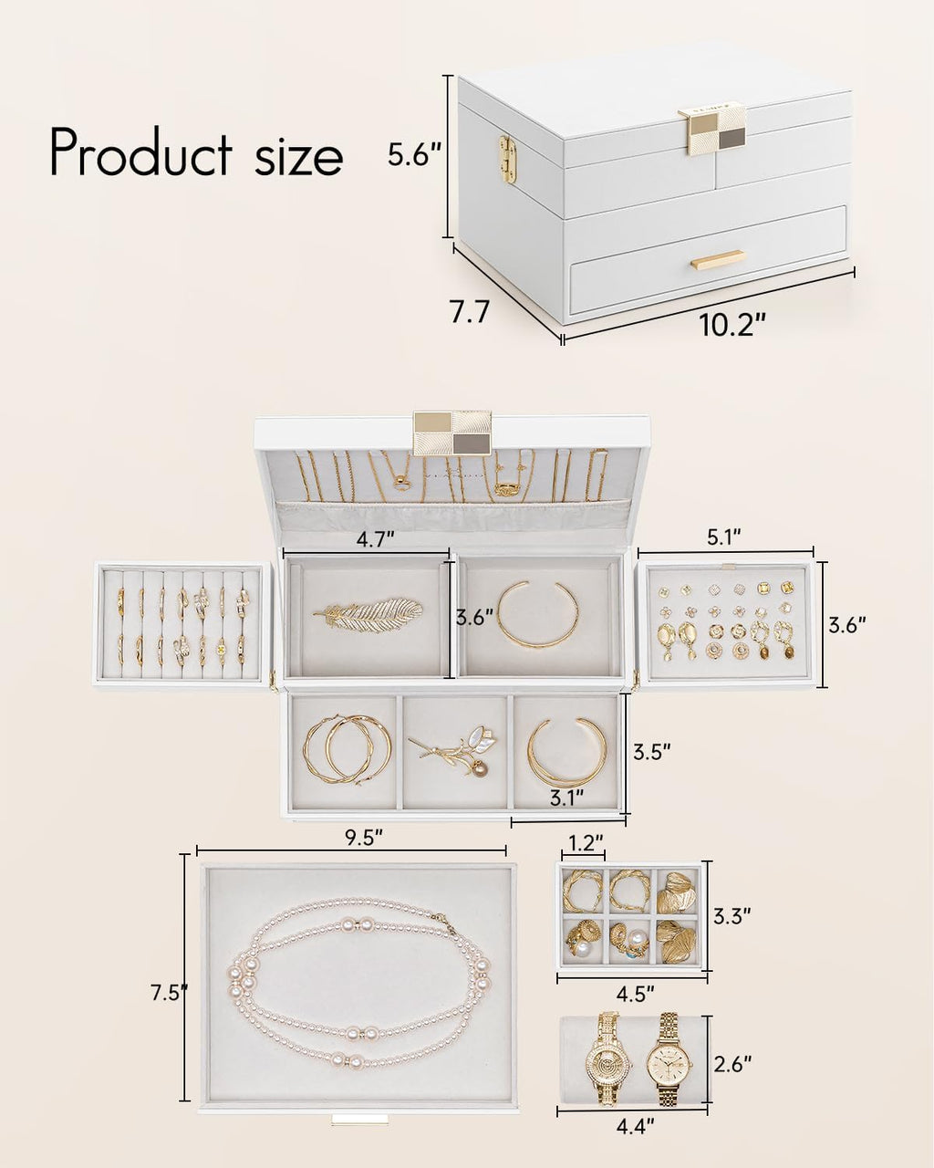 Vlando 3 Layer Jewelry Box - Women Jewelry Box with Retractable Tray - Jewelry Organizers with Drawer for Necklaces, Rings, Bracelets, Earrings, Gift for Couples Mom Girls - White