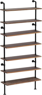 7 Tier Industrial Wall Mounted Ladder Shelf Bookcase, Rustic Wood Metal Pipe Industrial Shelves for Living Room Decor and Storage (Weathered Brown, 7 Tier - 10" D x 36" W x 95.5" H)