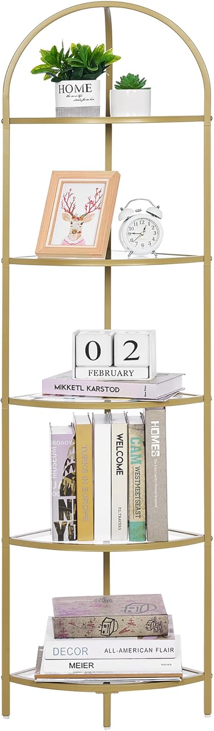 Homhedy 5-Tier Corner Shelf Stand, Metal Corner Bookshelf, Tempered Glass She...