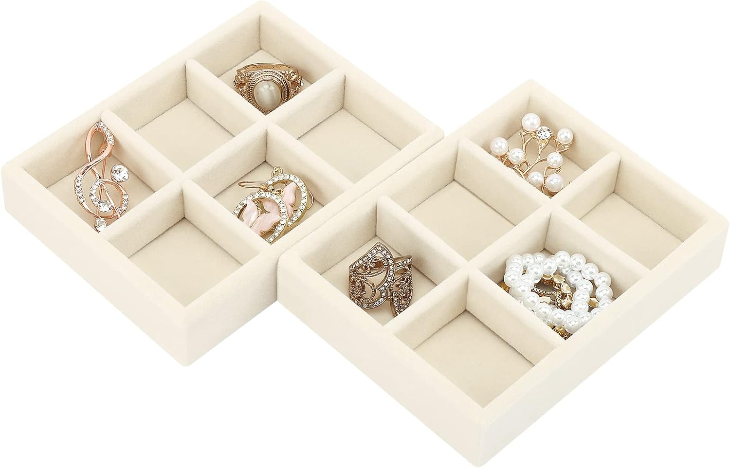 DesignSter Small Jewelry Tray-Ring Organizer 2PCS Premium Velvet Rings Earrings Display Tray Storage Insert Holder for Jewelry Box, Drawer, Dresser (6 Grids, Beige)