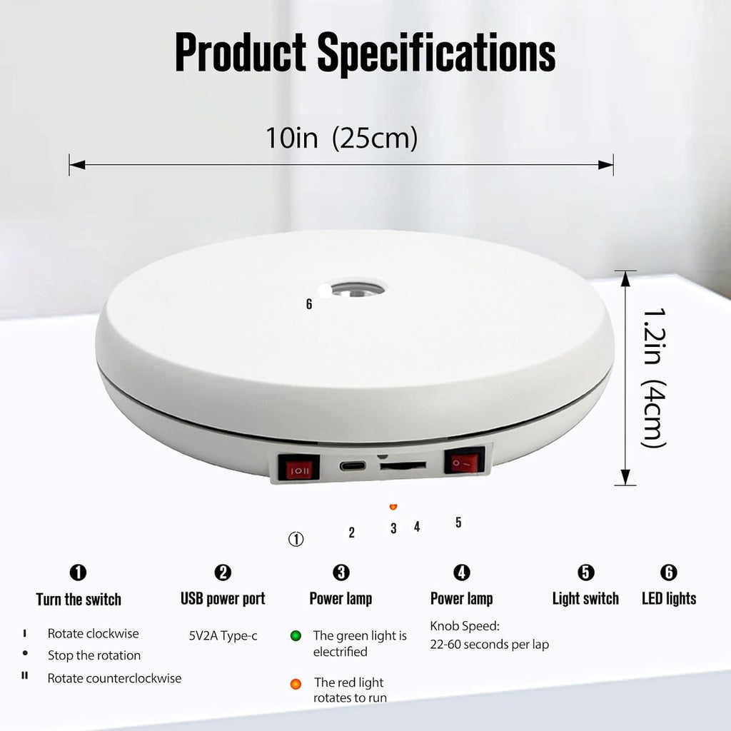 JAYEGT Motorized Rotating Display Stand with LED Light , 10 inch /55lbs Load, 360 Turntable Display Stand for Photography Products Shows, Jewelry, Watch (White / White LED Light/ Rechargeable )