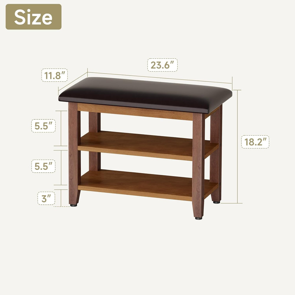 Shoe Bench with Leather Cushion,Wood Bench with Shoe Rack,2-Tier Shoe Storage...