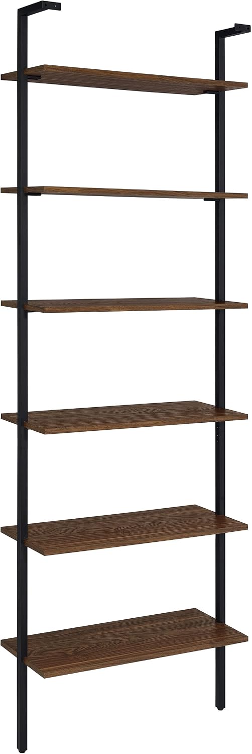 Coaster Home Furnishings - Owens - Wood and Metal - 6-Shelf Wall Mounted Bookshelf with Ladder Design and Transitional Style - Home Office & Living Room - 96-Inch - Walnut & Black - 980072
