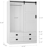 Wardrobe Closet with Sliding Barn Door, Wooden Bedroom Armoire Wardrobe Cabinet Closet with 4 Drawers, Adjustable Shelves and Hanging Rod, Bedroom Storage Closet Cabinet for Hanging Clothes, White