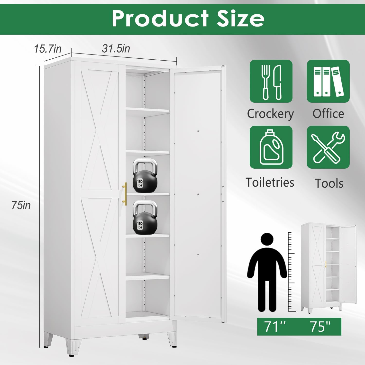 pozdeg 75" Tall Metal Kitchen Pantry Storage Cabinet with 2 Doors and 5 Adjustable Shelves, White Food Freestanding Cupboard for Kitchen, Dining Room, Bathroom and Garage (White)