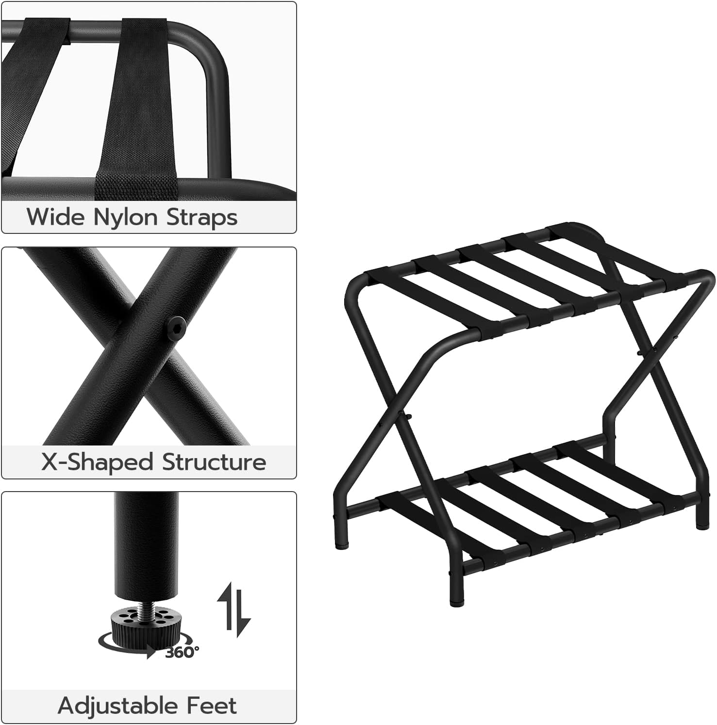 HOOBRO Luggage Rack, Folding Suitcase Stand with Fabric Storage Shelf for Guest Room, Bedroom, Hotel, Holds up to 100 lb, 27 x 15.3 x 22 Inches, Space Saving, Black BK04XL01