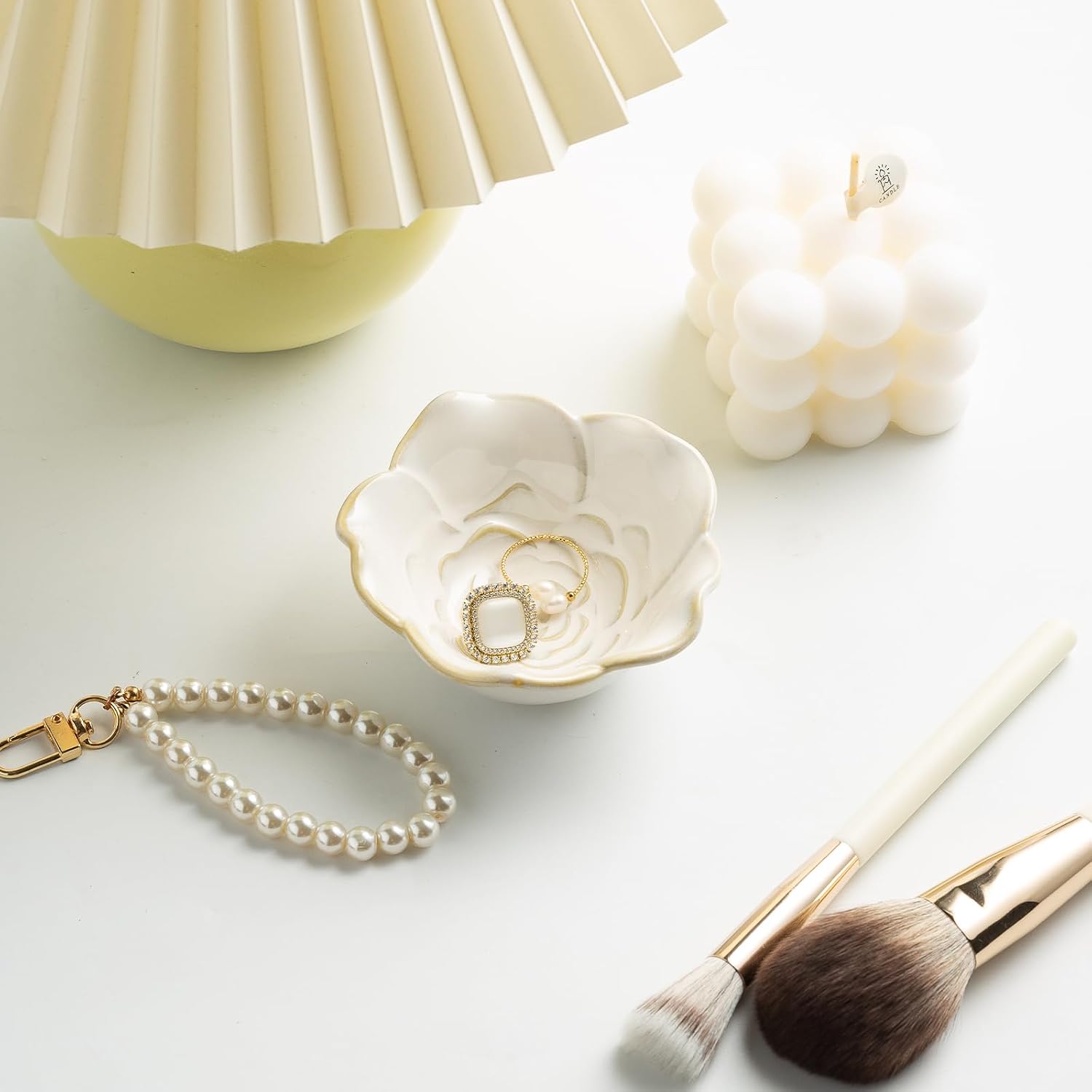 Mecaikru Ceramic Flower Jewelry Dish, 3.5 in Ring Tray with Gift Box & Card | Open flower shape keeps rings, earrings and necklaces visible while making items easy to pick up.