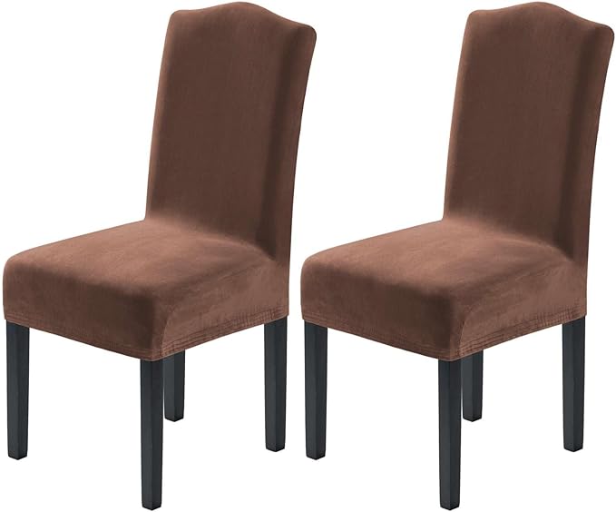 H.VERSAILTEX Velvet Dining Chair Covers Stretch Chair Covers for Dining Room Set of 2 Parson Chair Slipcovers Chair Protectors Covers Dining, Soft Thick Solid Velvet Fabric Washable, Caramel