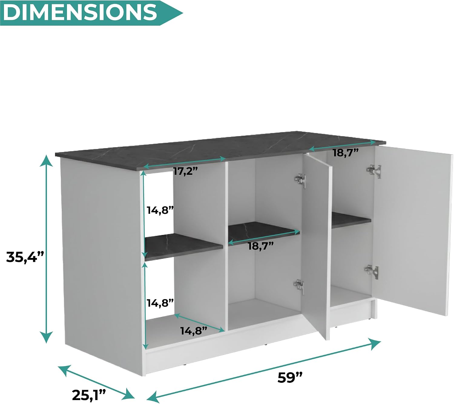 Tuhome Juniper Kitchen Island with Storage, 59in Wide Prep Top, 2-Door Cabinet with Interior Shelves and Dual Open Shelves, Engineered Wood, White/Light Oak