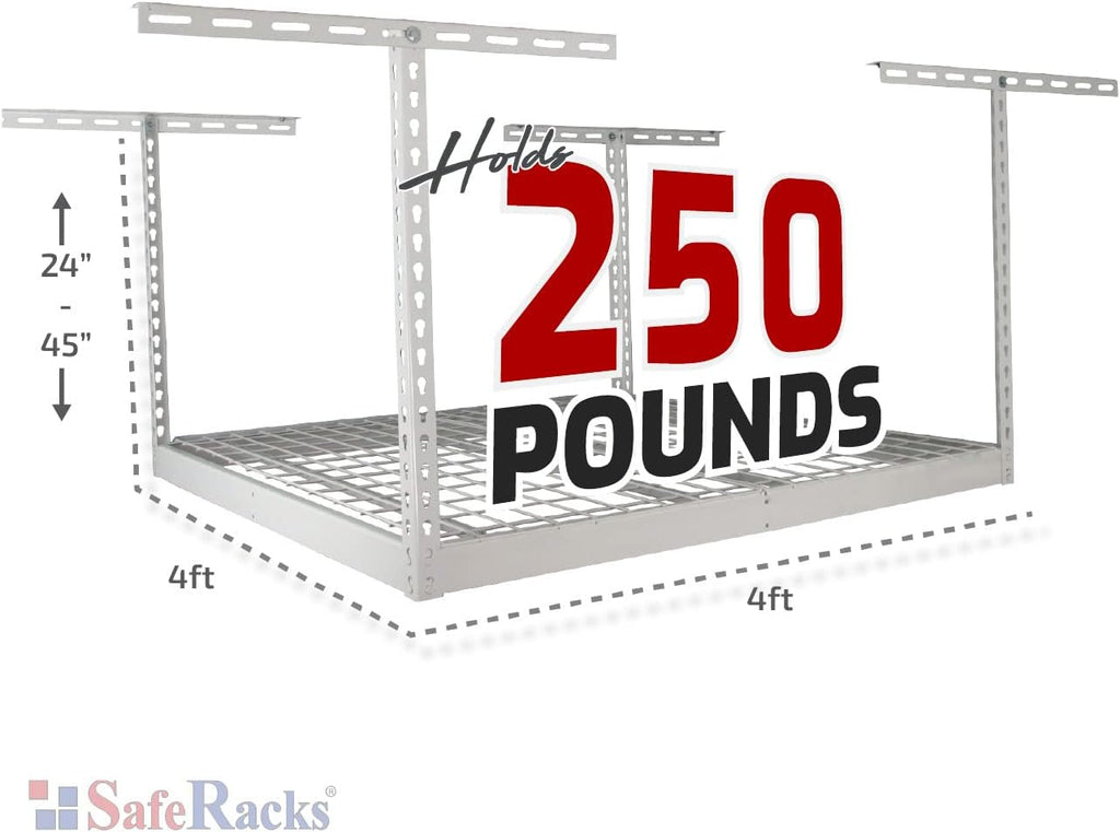 SafeRacks Overhead Garage Storage Rack - Heavy Duty Racks for Garage with 250 lb Capacity, Easy Garage Shelving, Adjustable Storage Rack, Ceiling Mount Storage Shelves 4x4 White (24"-45")