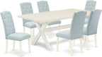 East West Furniture X027CE215-7 7 Piece Dining Room Table Set Consist of a Rectangle Kitchen Table with X-Legs and 6 Baby Blue Linen Fabric Parson Dining Chairs, 40x72 Inch, Multi-Color