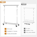 Heavy Duty Clothes Rack, 530 lbs Load Capacity Metal Garment Rack on Wheels - Collapsible Adjustable Portable Storage with Hooks, White