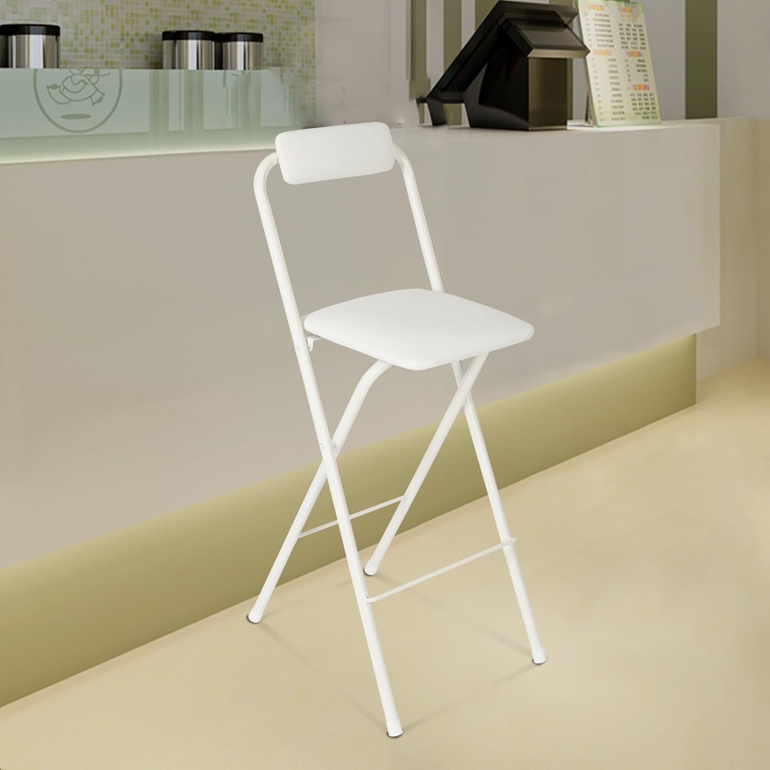 70cm Tall Adjustable Folding Bar Stool with Backrest - Portable Foldable Stool Chair for Kitchen, Outdoor & Commercial Use (1-Pack, Space Saving Design)‌ (White)