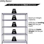 NSF Commercial 5-Tier Wire Shelving with Wheels, 60"x18"x72" Heavy Duty Metal Shelves 4000 lbs Max Capacity, Black Storage Rack for Garage Kitchen Pantry Warehouse