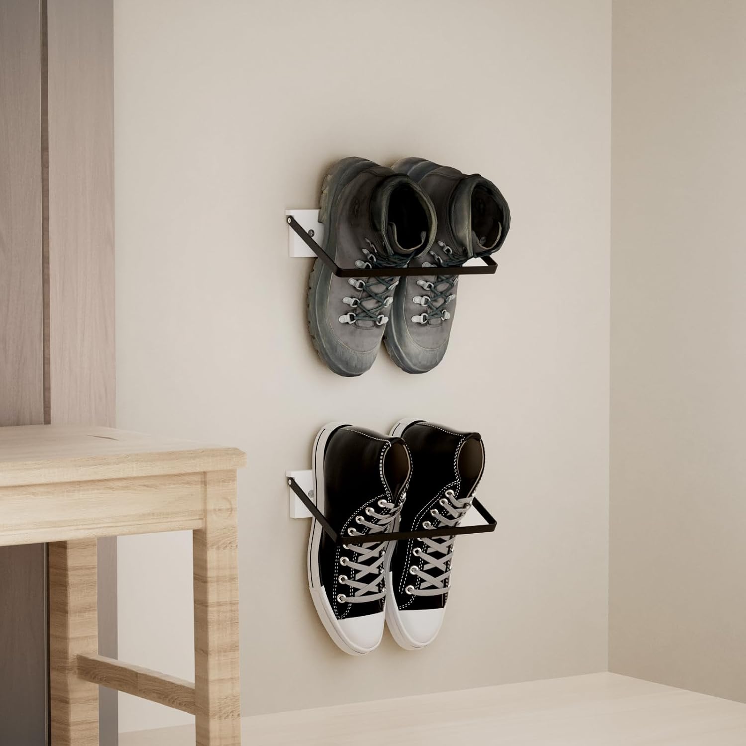 SCUNDA 2-Pack Wall Mounted Shoe Rack, Wooden & Metal Foldable Shoe Rack - Space Saving Wall Shoe Holder for Entryway, RV, Camper, Closet, Apartment, Fits Various Shoes-White