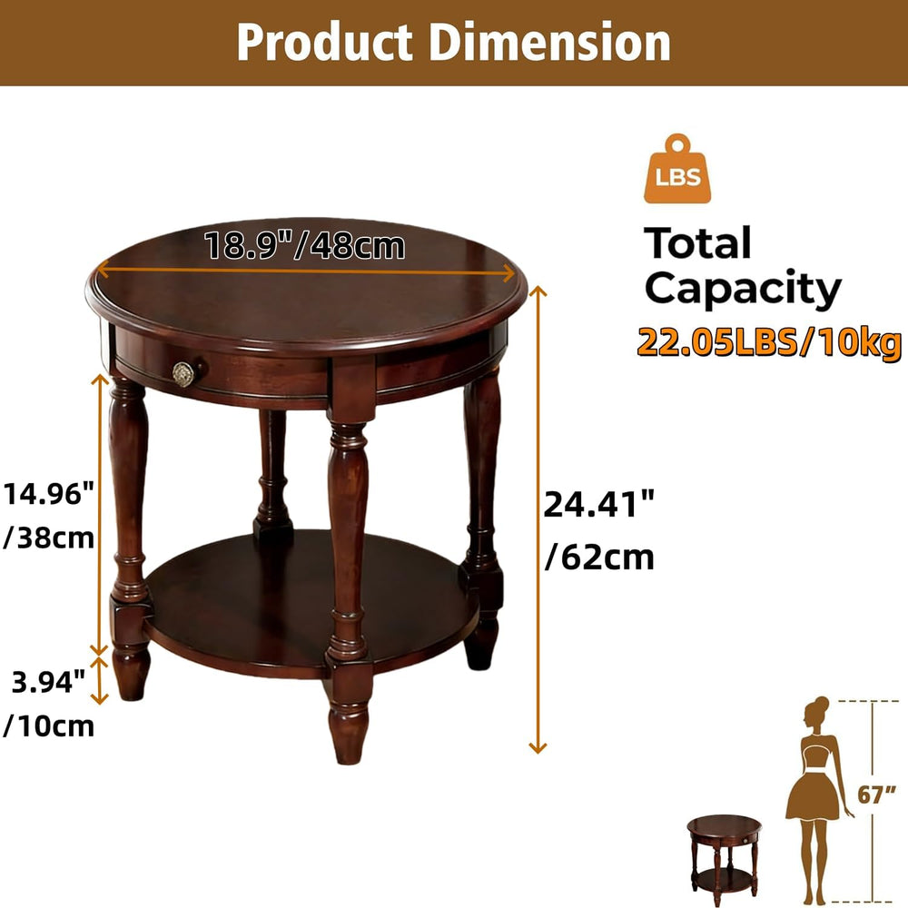 YUNMUAIR-Solid Wood End Table,Round Side Table with Drawers,Vintage Nightstan...