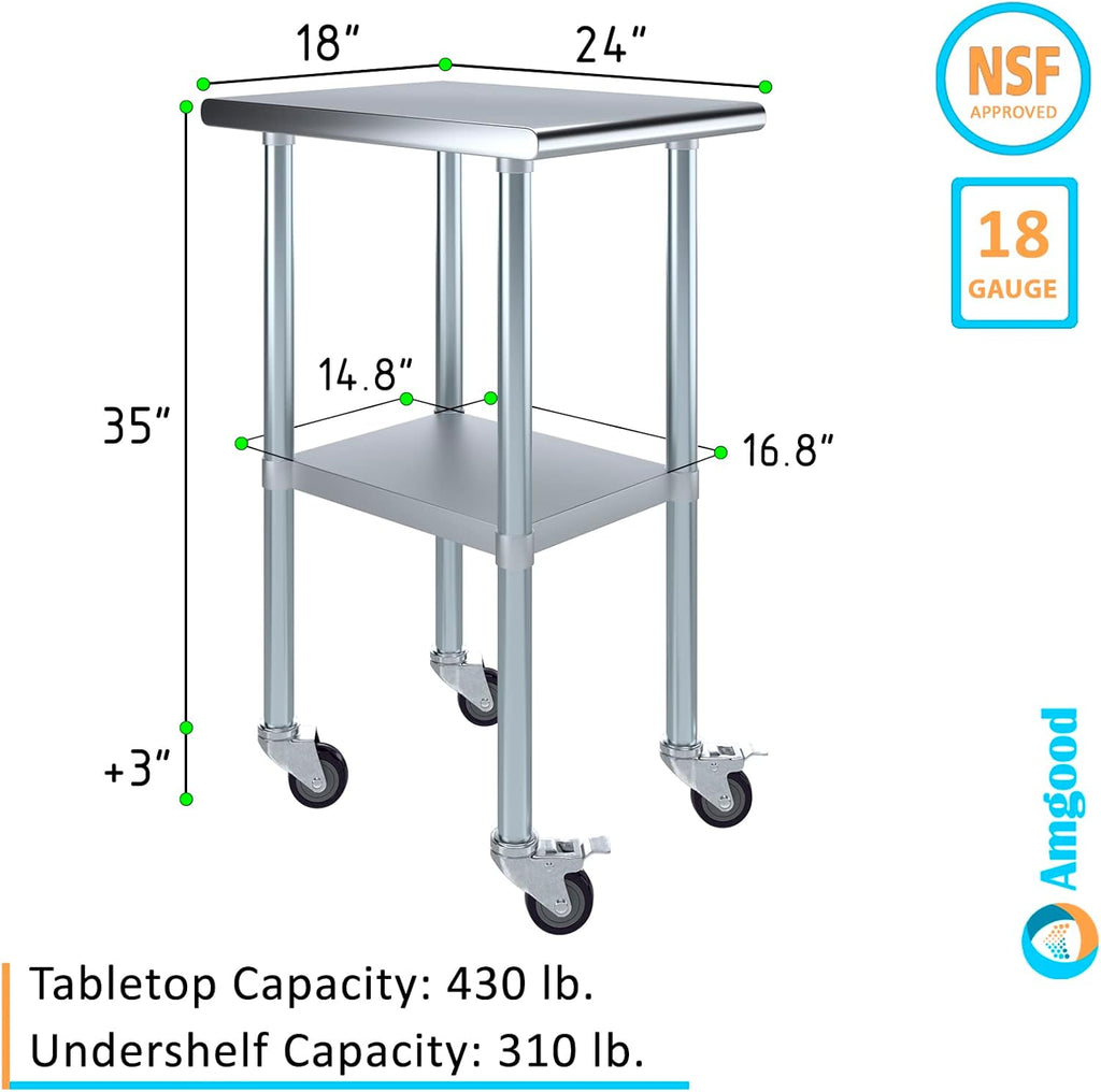 AmGood 24" x 18" Stainless Steel Work Table with Casters | Heavy Duty Metal Utility Table On Wheels | Kitchen Island Cart
