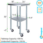 AmGood 24" x 18" Stainless Steel Work Table with Casters | Heavy Duty Metal Utility Table On Wheels | Kitchen Island Cart