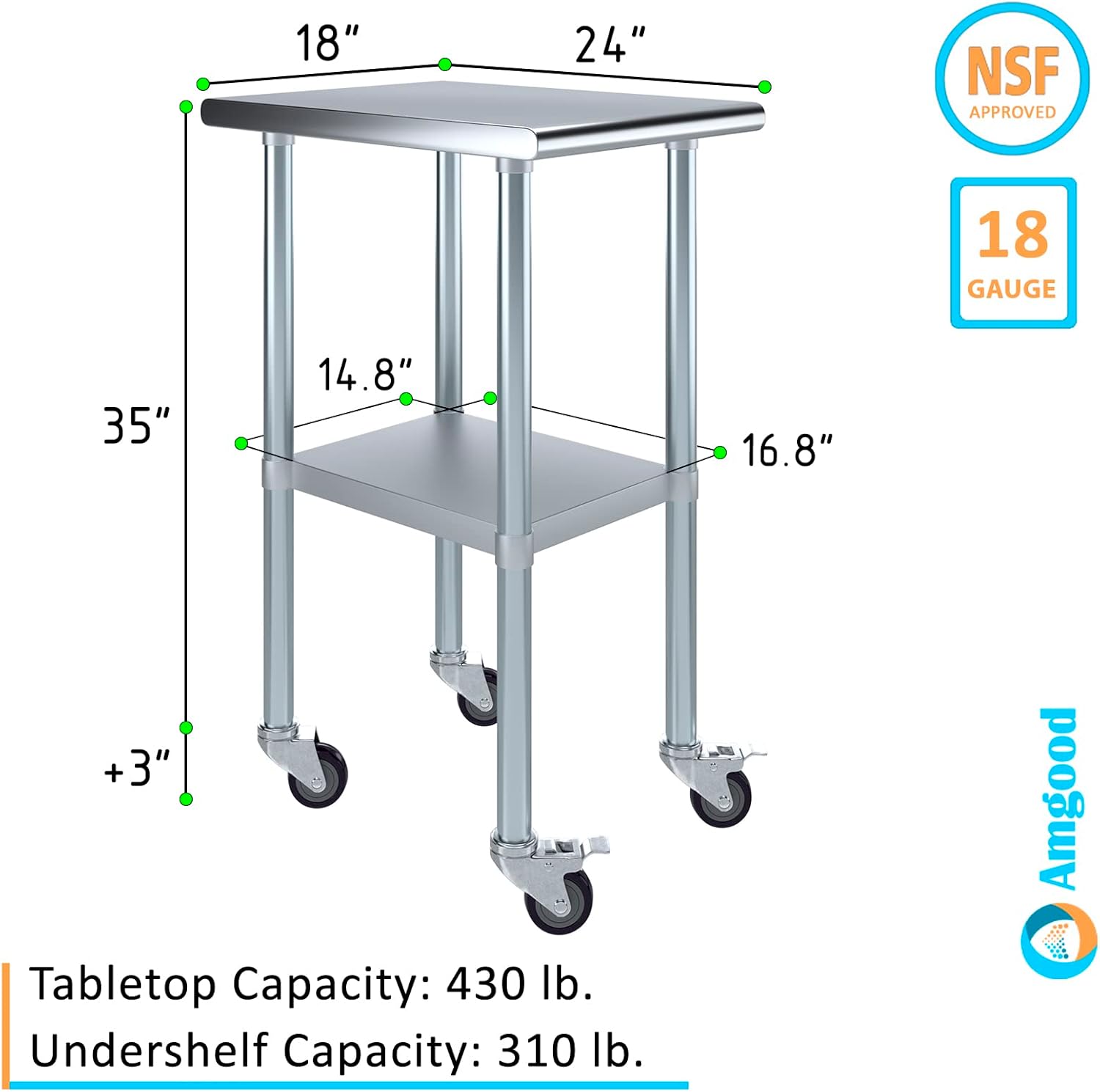AmGood 18" Long x 24" Deep Stainless Steel Table with Casters