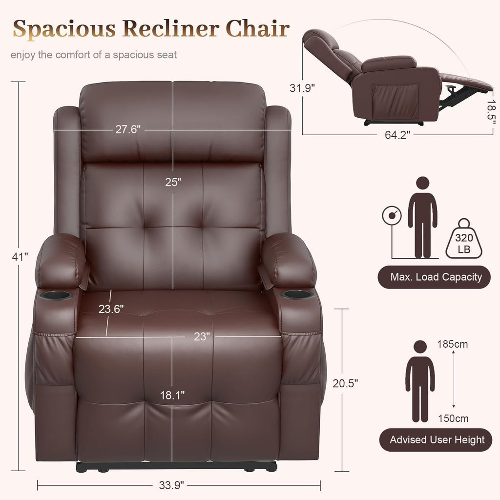 Extra Wide Seat Electric Power Recliner Chair | Heat & Back Massage