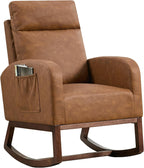 GarveeHome Leather Glider Chair, Modern Rocking Chair, Nursery Faux Leather Glider Chair with Rubber Wood Legs and Side Pocket, Rocking Accent Armchair for Living Room, Bedroom, Brown