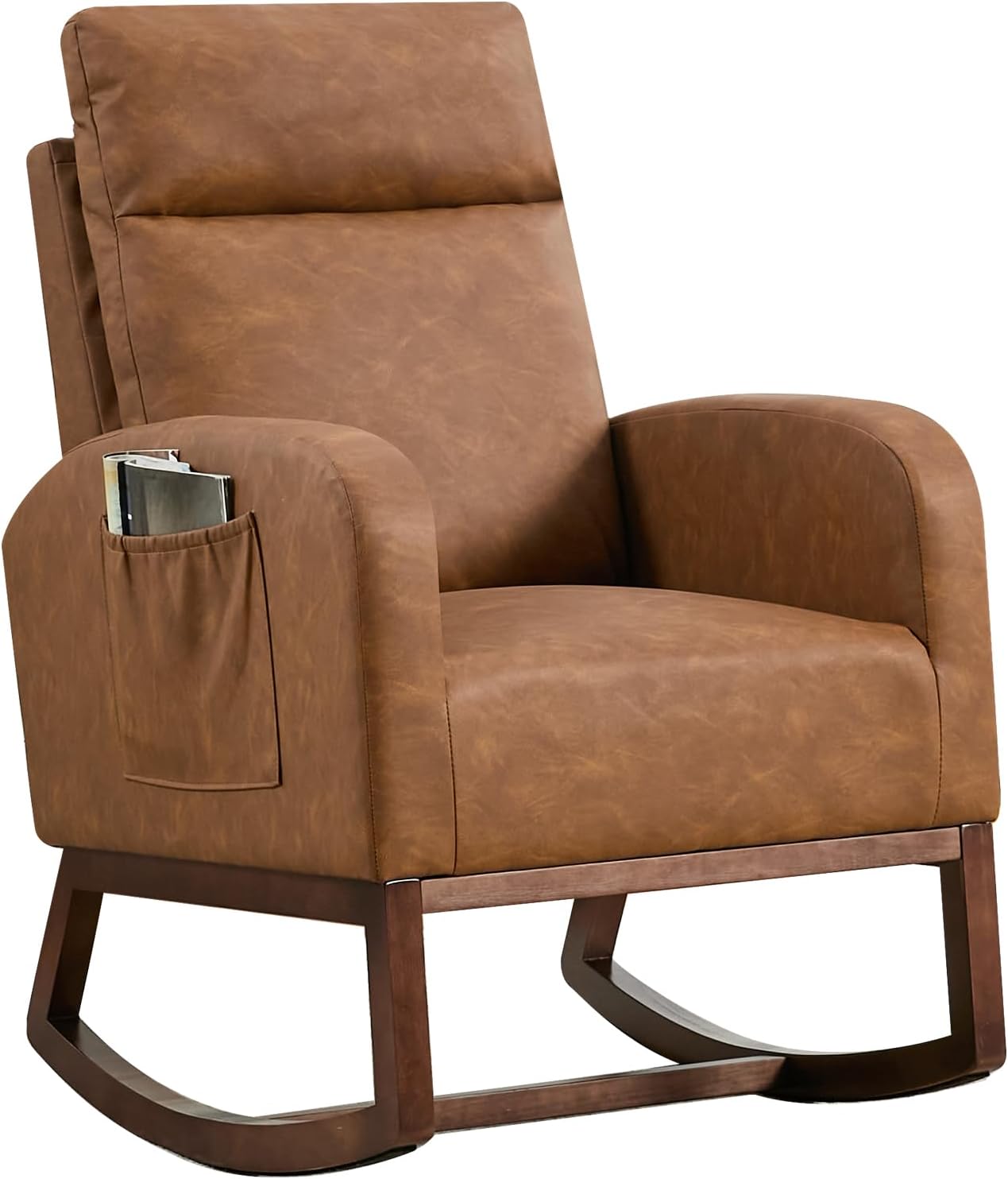 GarveeHome Leather Glider Chair, Modern Rocking Chair, Nursery Faux Leather Glider Chair with Rubber Wood Legs and Side Pocket, Rocking Accent Armchair for Living Room, Bedroom, Brown