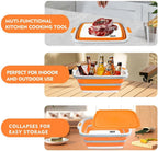 8L/16L BBQ Prep Tub with Cutting Board, Lid & Complimentary Mitts/Gloves – Collapsible Bucket for BBQ, Marinade, Picnic, Camping, Meat Prep – Orange/Black (Orange, Large)