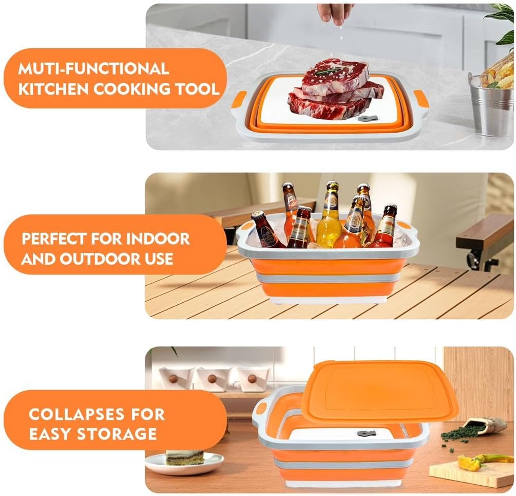 8L/16L BBQ Prep Tub with Cutting Board, Lid & Complimentary Mitts/Gloves – Collapsible Bucket for BBQ, Marinade, Picnic, Camping, Meat Prep – Orange/Black (Orange, Large)