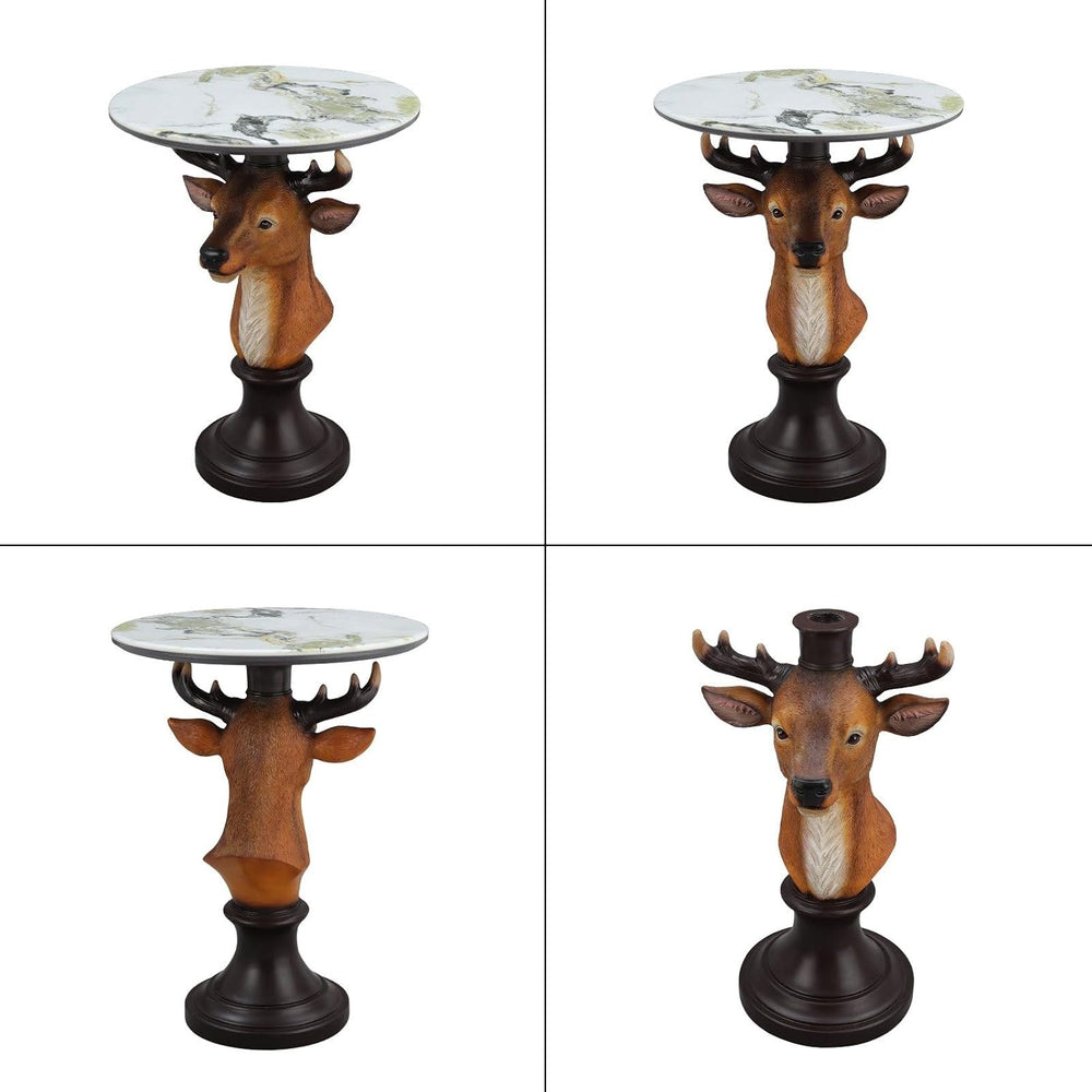 Deer Head Accent Table with Faux Marble Top, 25.59" Resin Animal Statue ...