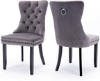 Velvet Upholstered Dining Chairs Set of 2, Modern Style Kitchen Side Chairs with Nailhead Trim and Wood Legs,Metal Pulling Ring for Dining Room Living Room(Grey,Set of 2)