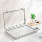 Coward Earring Organizer Tray Box, Grey Beige Velvet Earring Jewelry Display Storage Tray Case with Transparent Glass Lid for Home Drawer or Shop Selling