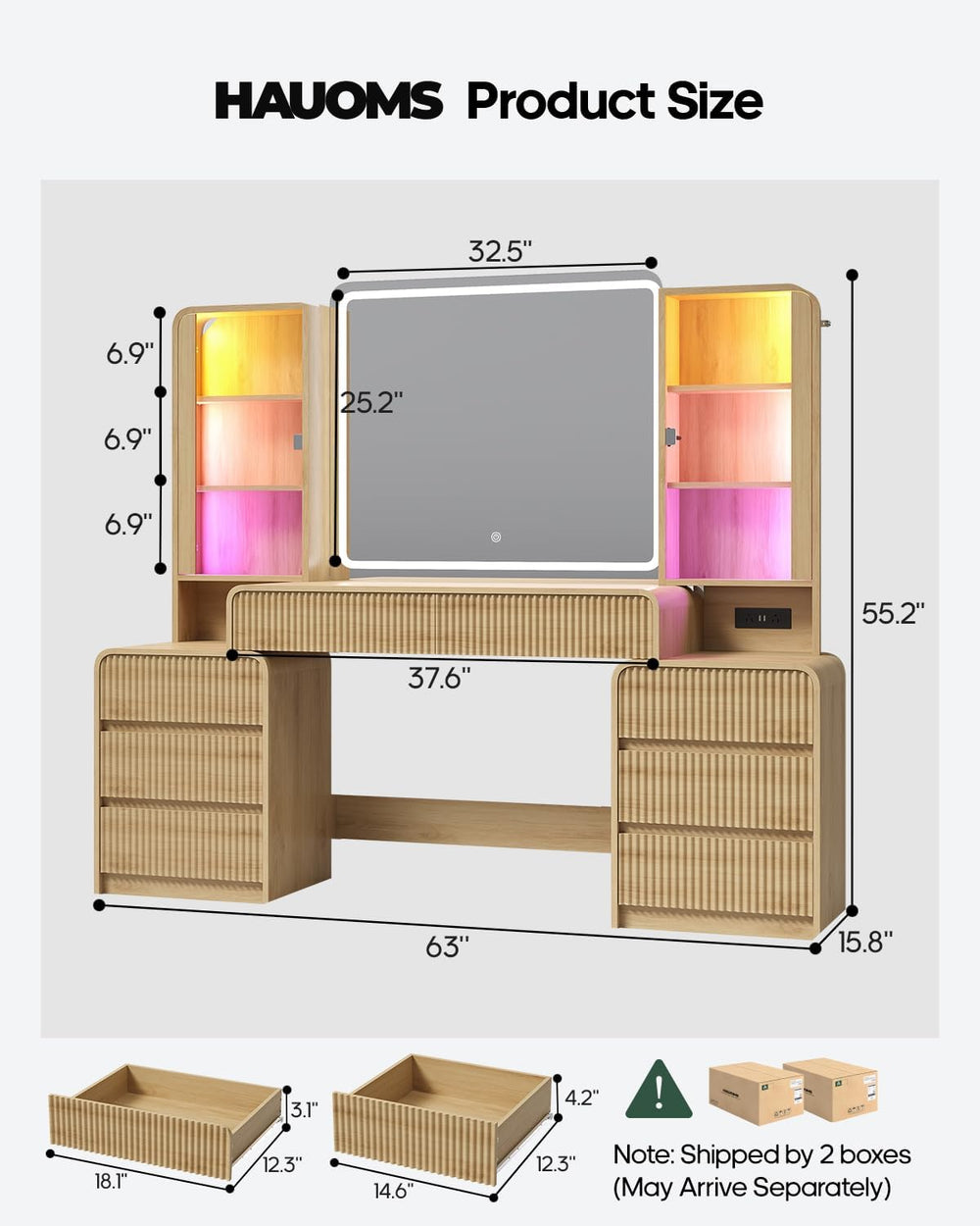 Big Vanity Desk, Fluted Makeup Vanity with Mirror Lights, Dressing Table