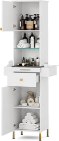 Salon Stations for Hair Stylist, Barber Station w/Glass Shelf & Golden Handles, Hair Salon Station Beauty Salon Spa Equipment w/6 Hair Dryer Holders, 2 Storage Cabinet & Drawers(White)