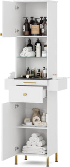 Salon Stations for Hair Stylist, Barber Station w/Glass Shelf & Golden Handles, Hair Salon Station Beauty Salon Spa Equipment w/6 Hair Dryer Holders, 2 Storage Cabinet & Drawers(White)