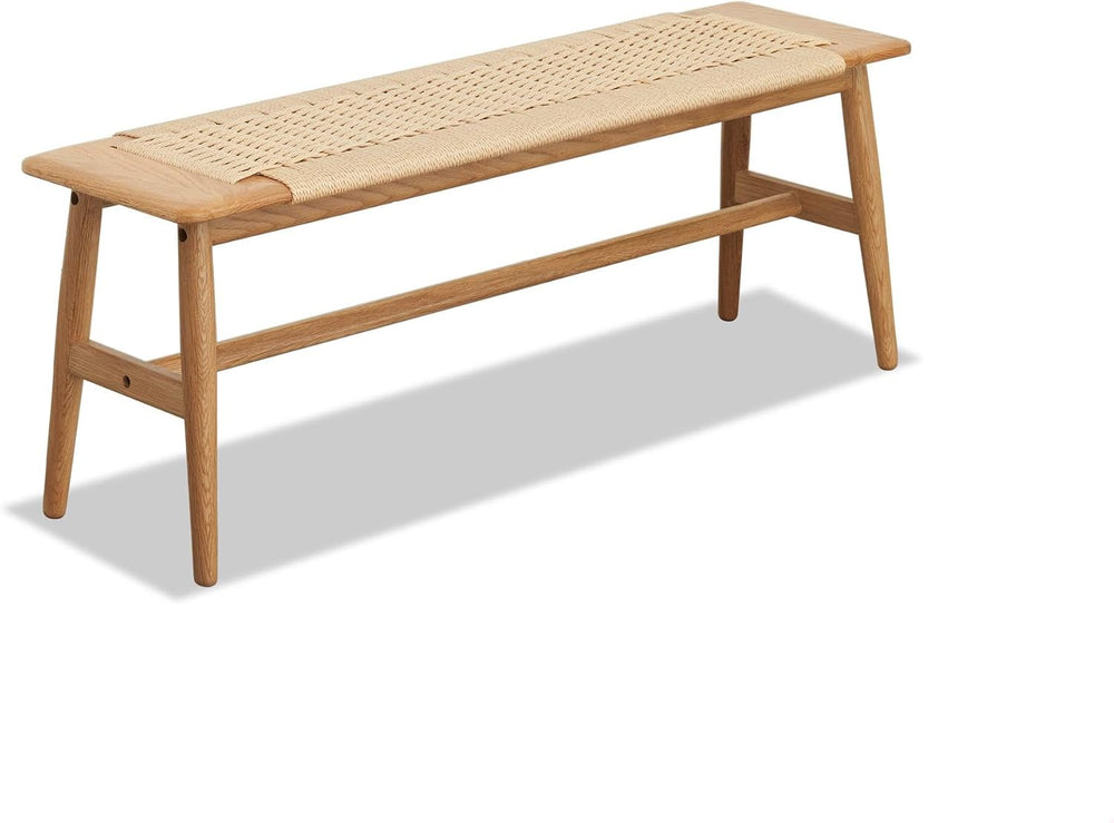 47.24" Natural Oak Wood Dining Bench with Woven Cane Seat Solid Wood Ent...